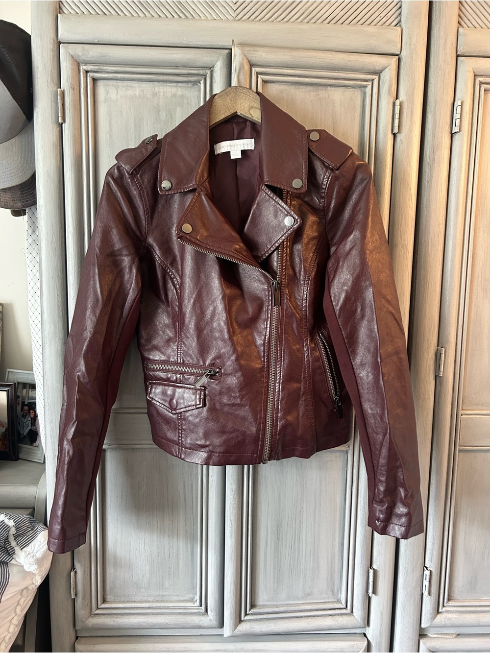 Womens Burgundy Faux Leather Moto Jacket